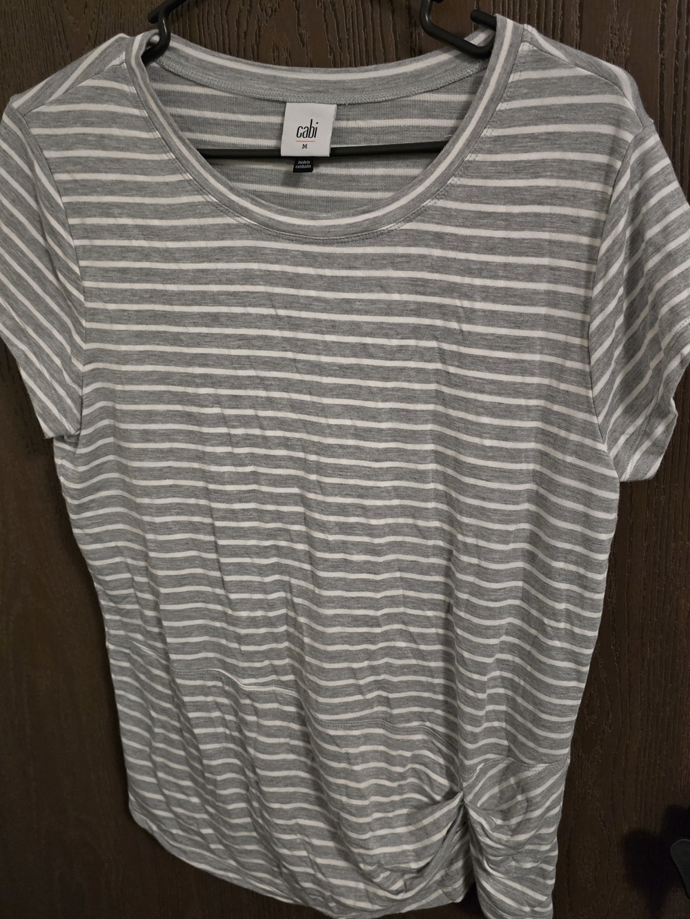 CAbi Gray & White Striped Short-Sleeve Tee with Twist Hem